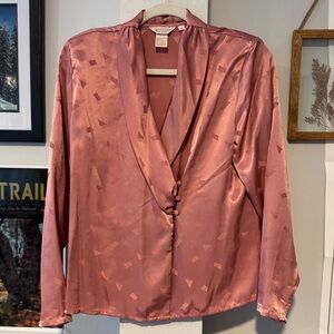 Vintage retro Porsha pink satin wrap collar geometric print luxe blouse sz 12